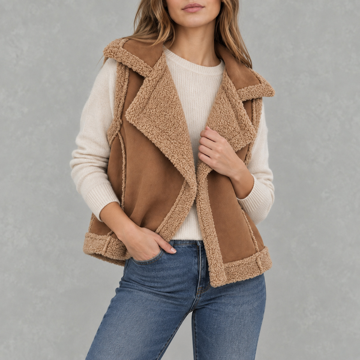 Women’s Fleece Waistcoat – Loose Fit Sleeveless Wool Style Gilet
