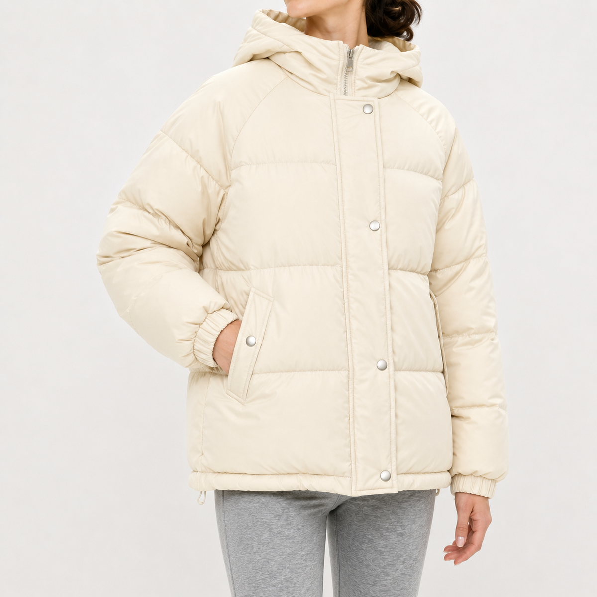 Women’s Puffer Jacket – Hooded Padded Winter Coat with Faux Two-Piece Layered Design