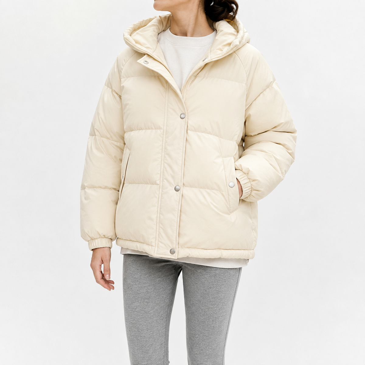 Women’s Puffer Jacket – Hooded Padded Winter Coat with Faux Two-Piece Layered Design