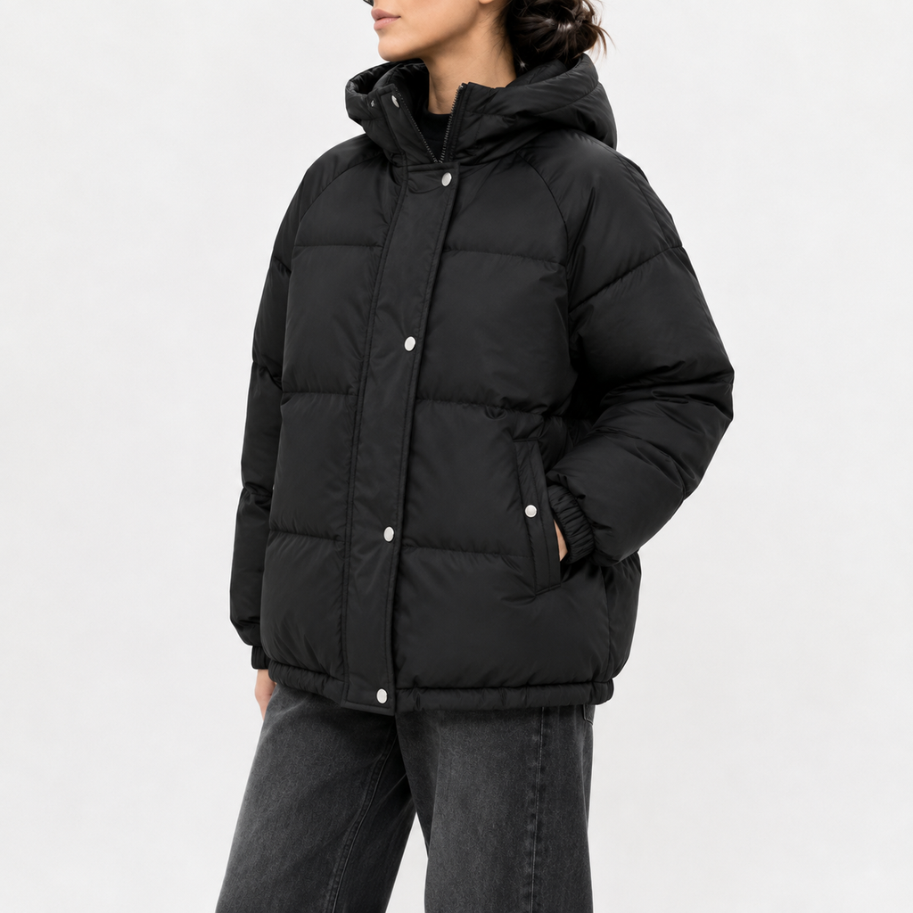 Women’s Puffer Jacket – Hooded Padded Winter Coat with Faux Two-Piece Layered Design