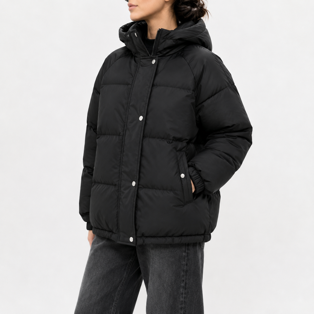 Women’s Puffer Jacket – Hooded Padded Winter Coat with Faux Two-Piece Layered Design