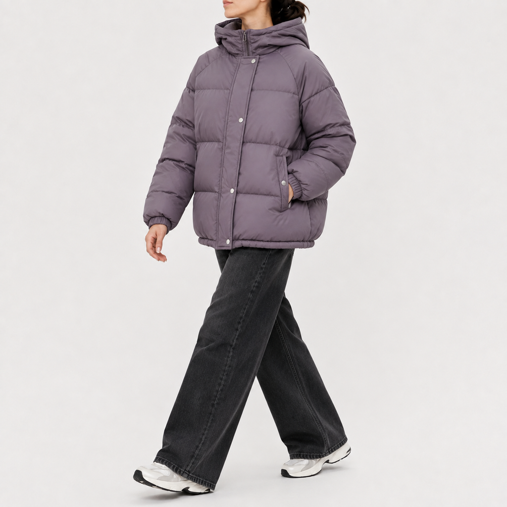 Women’s Puffer Jacket – Hooded Padded Winter Coat with Faux Two-Piece Layered Design