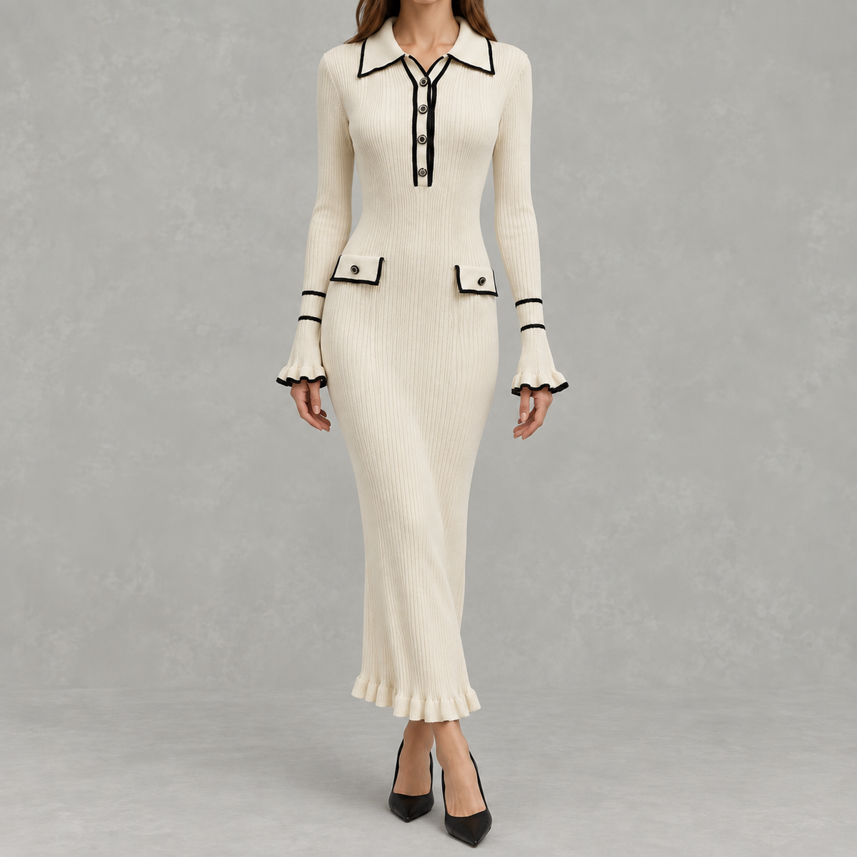 Women’s Knit Dress – French-Inspired Ruffled Midi Dress