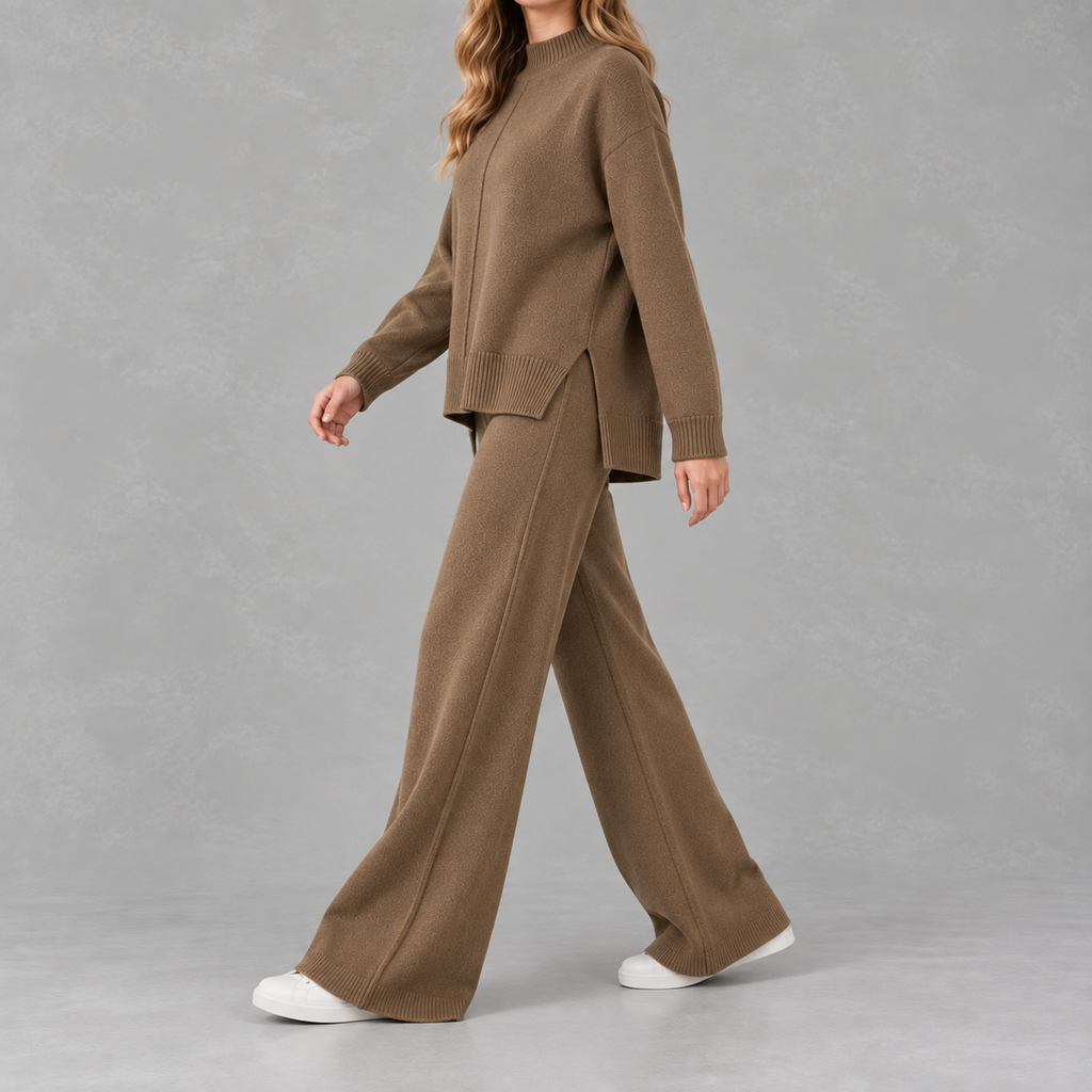 Women’s Knitted Co-Ord Set – Loose Jumper & High Waist Wide Leg Trousers