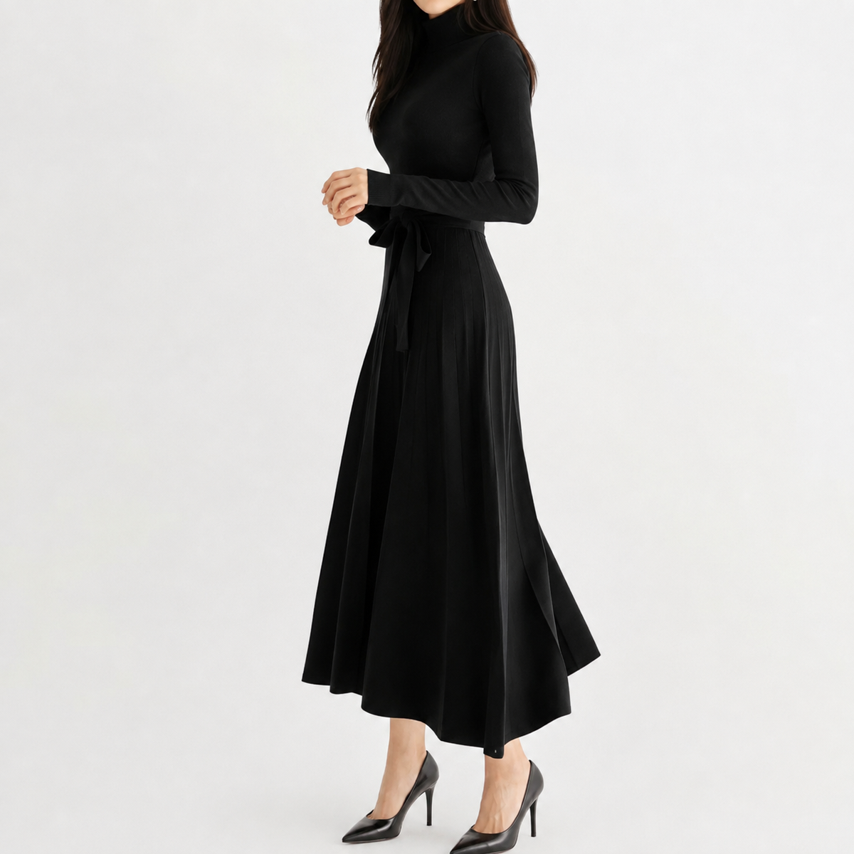 Women’s Knit Dress – Midi Jumper Dress with Long Sleeves