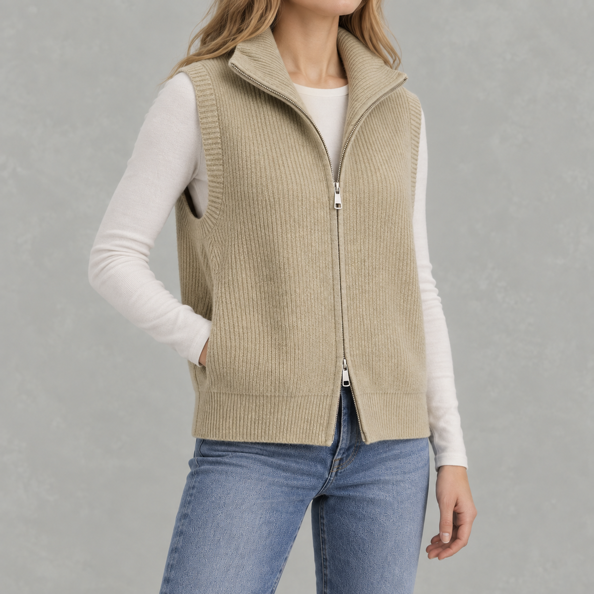 Women’s Knitted Vest – Loose Fit Full Zip Sleeveless Layering Gilet