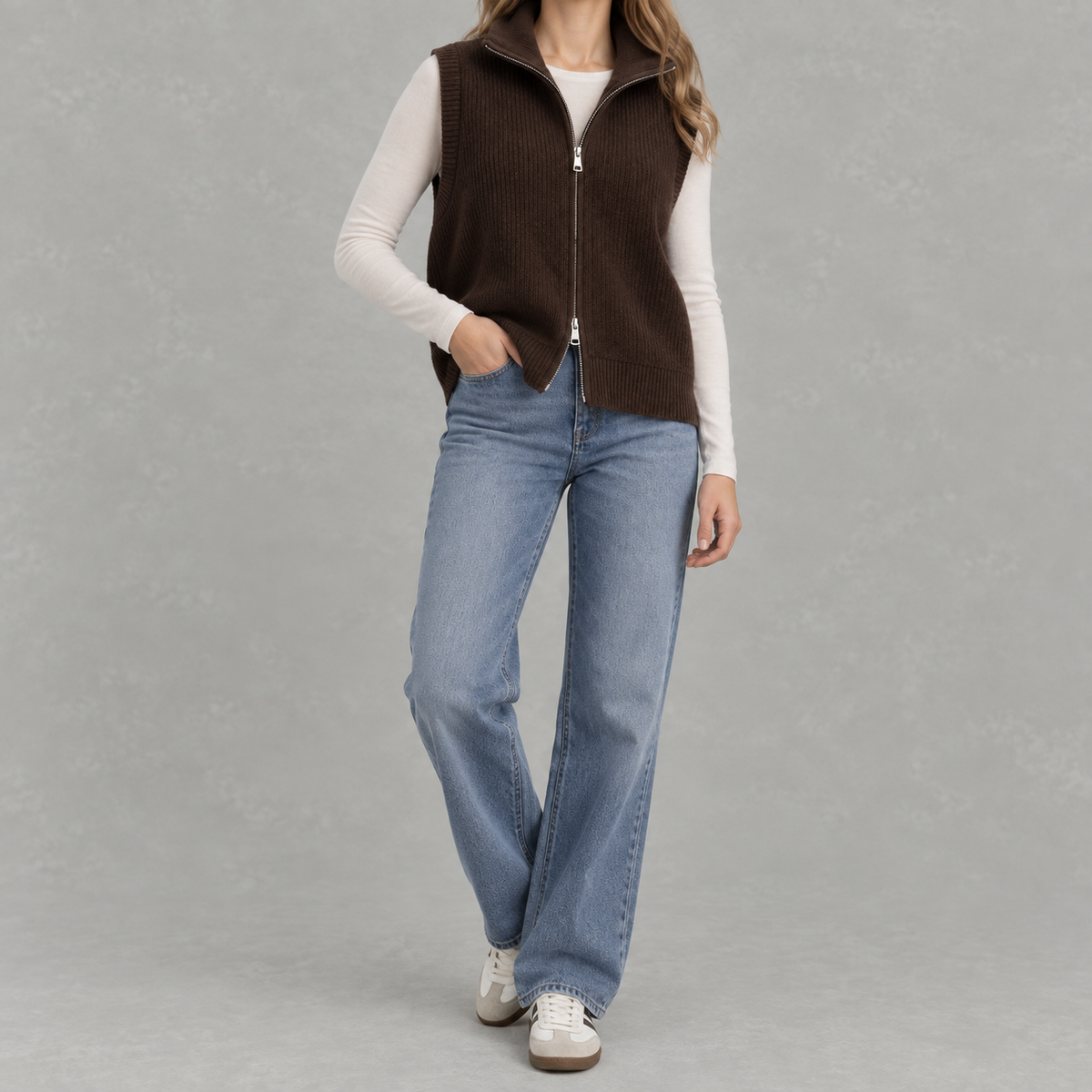 Women’s Knitted Vest – Loose Fit Full Zip Sleeveless Layering Gilet