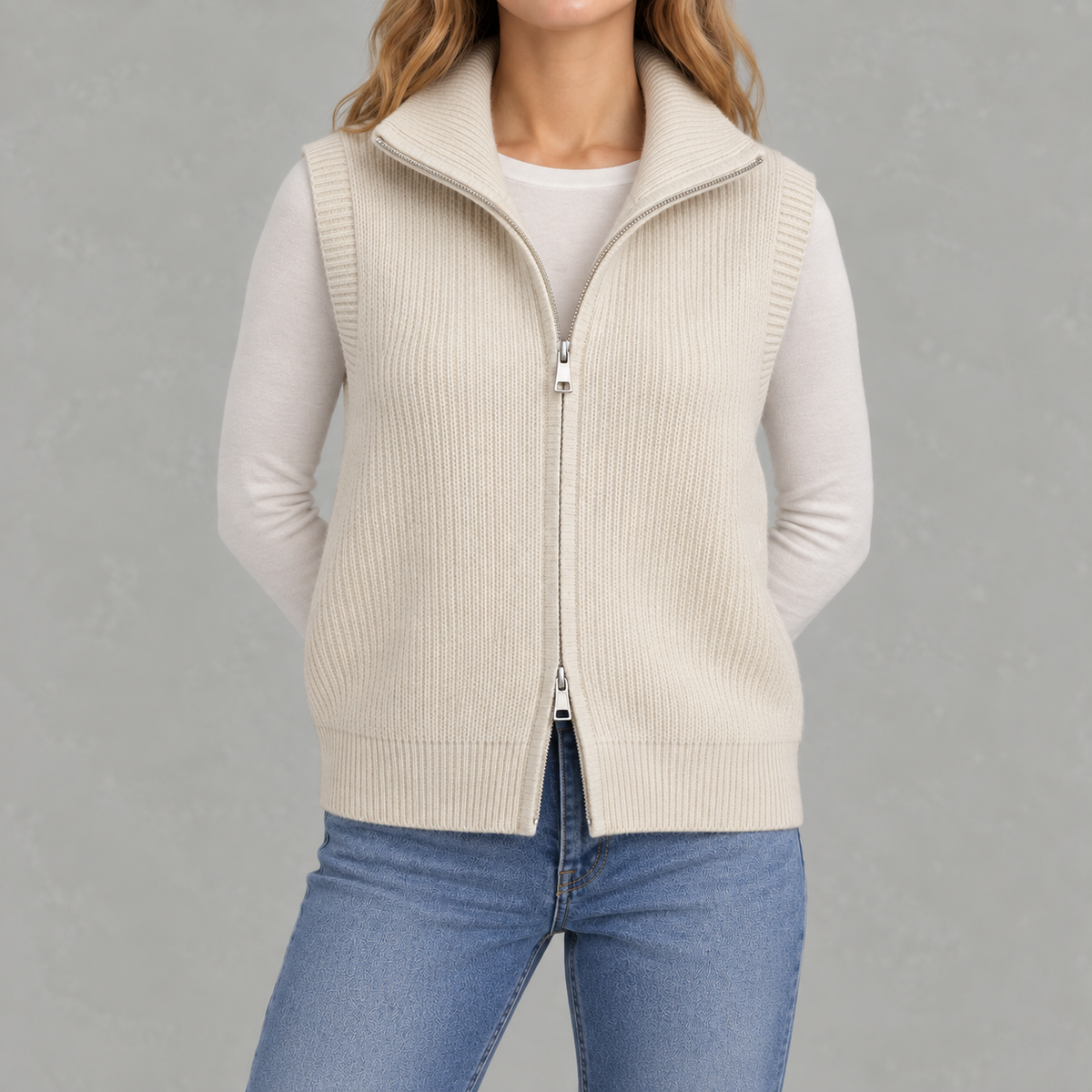 Women’s Knitted Vest – Loose Fit Full Zip Sleeveless Layering Gilet