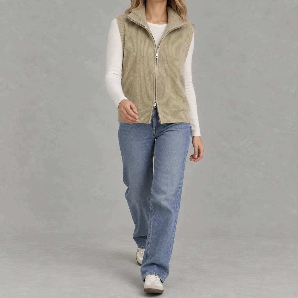 Women’s Knitted Vest – Loose Fit Full Zip Sleeveless Layering Gilet