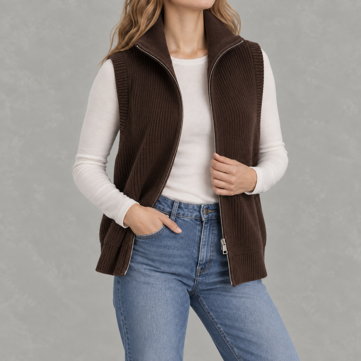 Women’s Knitted Vest – Loose Fit Full Zip Sleeveless Layering Gilet