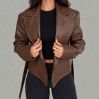 Women’s Leather Jacket – Belted Cropped Blazer with Wide Lapels