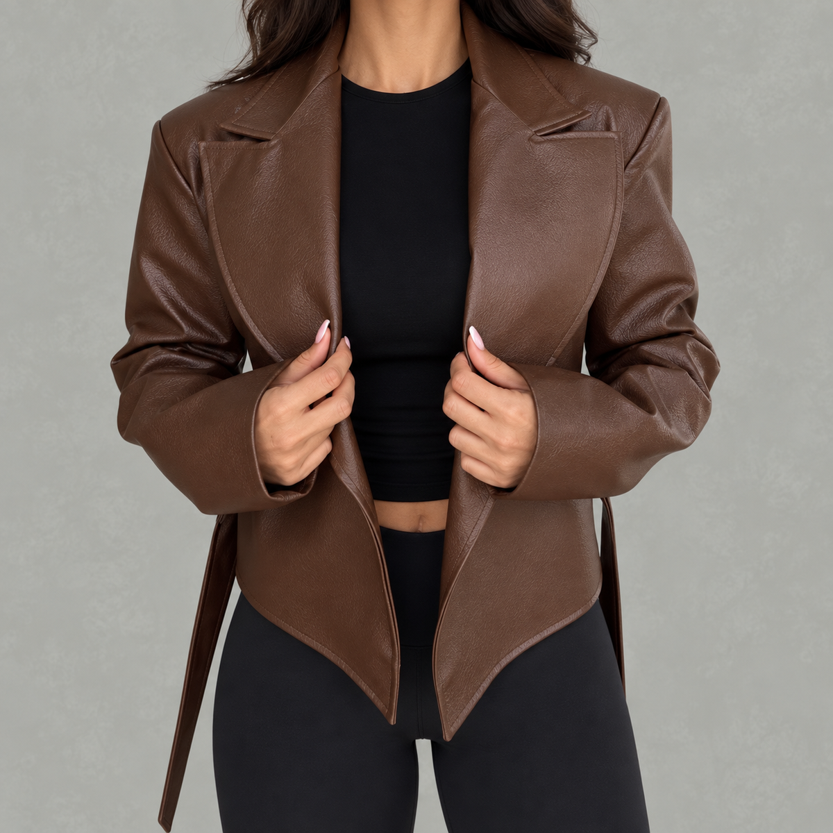 Women’s Leather Jacket – Belted Cropped Blazer with Wide Lapels