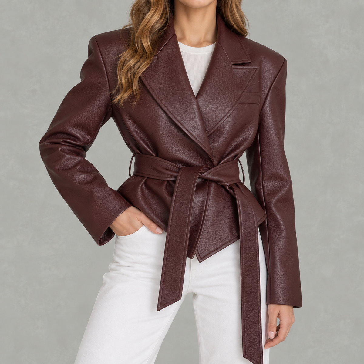 Women’s Leather Jacket – Belted Cropped Blazer with Wide Lapels