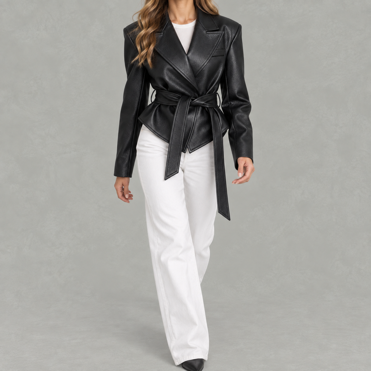 Women’s Leather Jacket – Belted Cropped Blazer with Wide Lapels