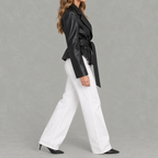 Women’s Leather Jacket – Belted Cropped Blazer with Wide Lapels