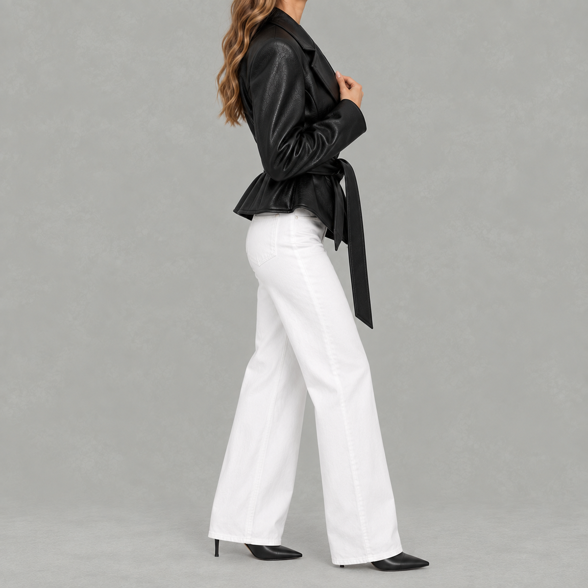 Women’s Leather Jacket – Belted Cropped Blazer with Wide Lapels