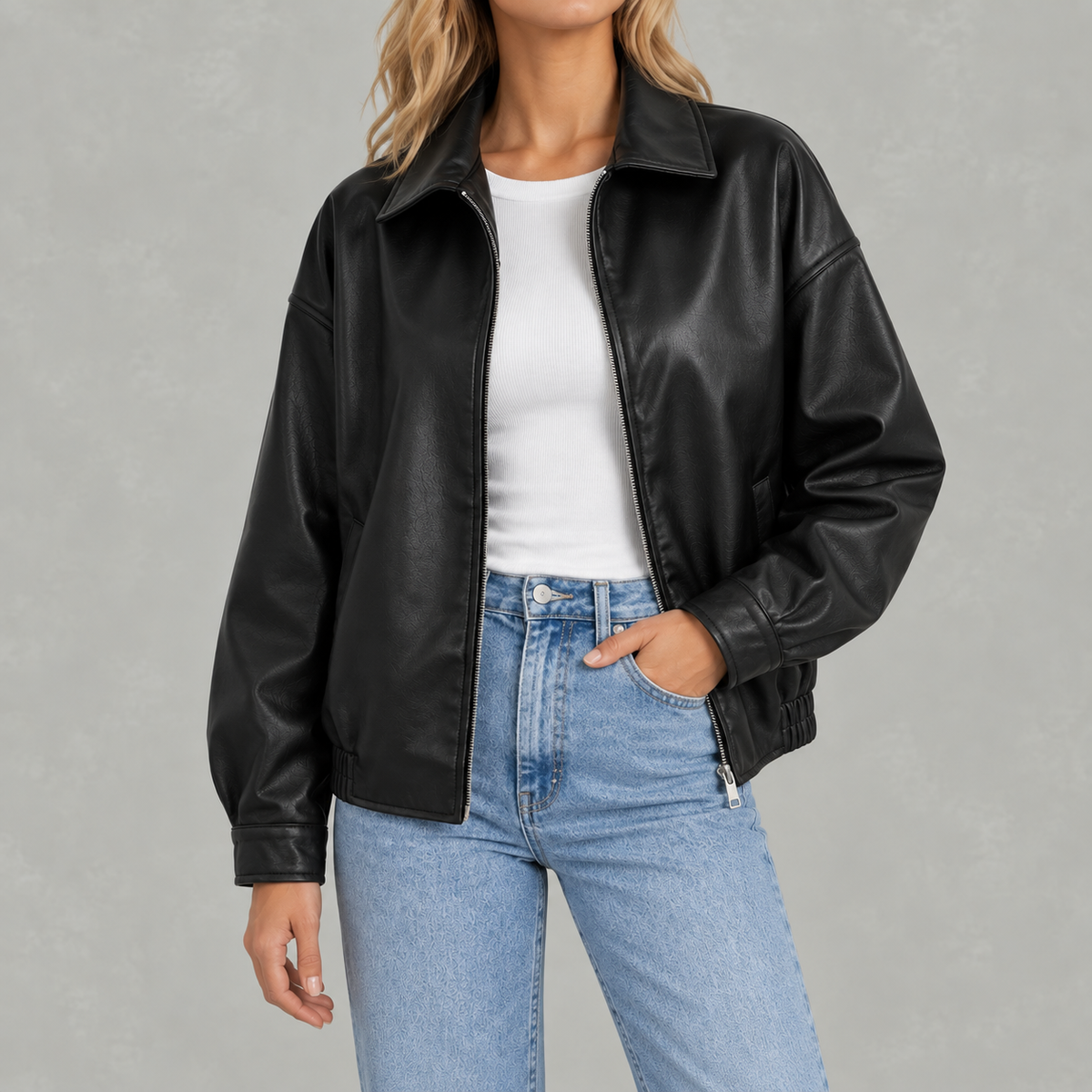 Women’s Leather Jacket – Retro Biker Lapel Jacket with Zip Fastening