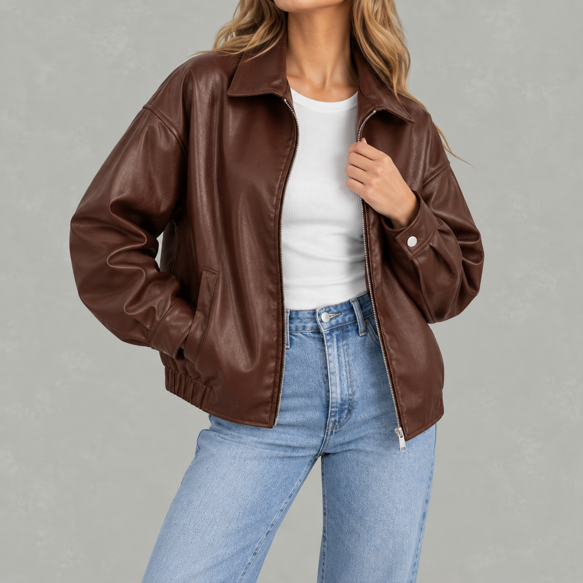 Women’s Leather Jacket – Retro Biker Lapel Jacket with Zip Fastening