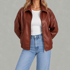 Women’s Leather Jacket – Retro Biker Lapel Jacket with Zip Fastening