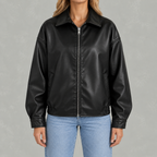 Women’s Leather Jacket – Retro Biker Lapel Jacket with Zip Fastening
