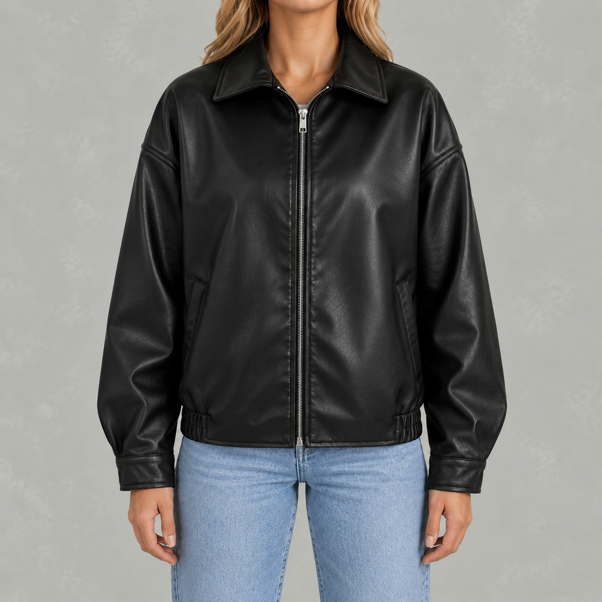 Women’s Leather Jacket – Retro Biker Lapel Jacket with Zip Fastening