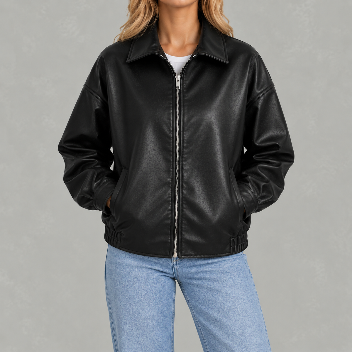 Women’s Leather Jacket – Retro Biker Lapel Jacket with Zip Fastening