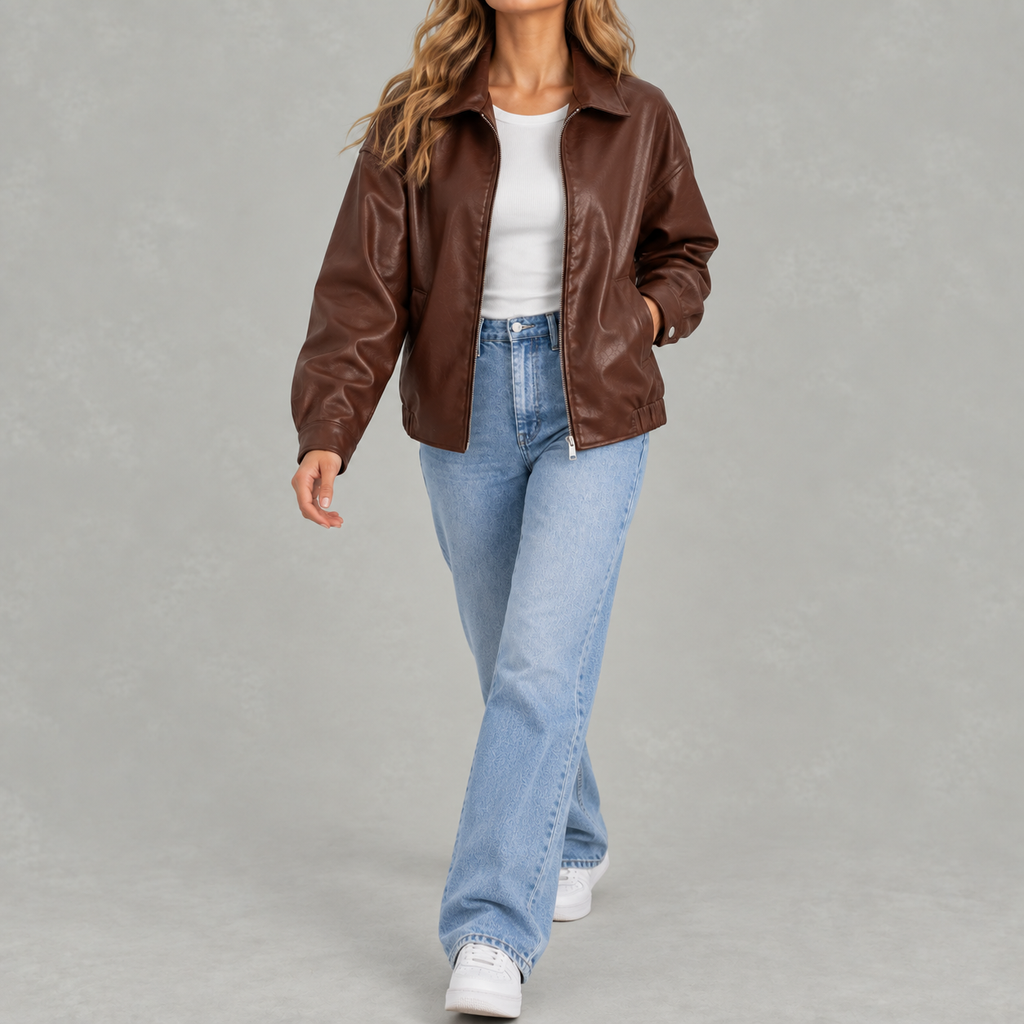 Women’s Leather Jacket – Retro Biker Lapel Jacket with Zip Fastening