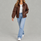 Women’s Leather Jacket – Retro Biker Lapel Jacket with Zip Fastening