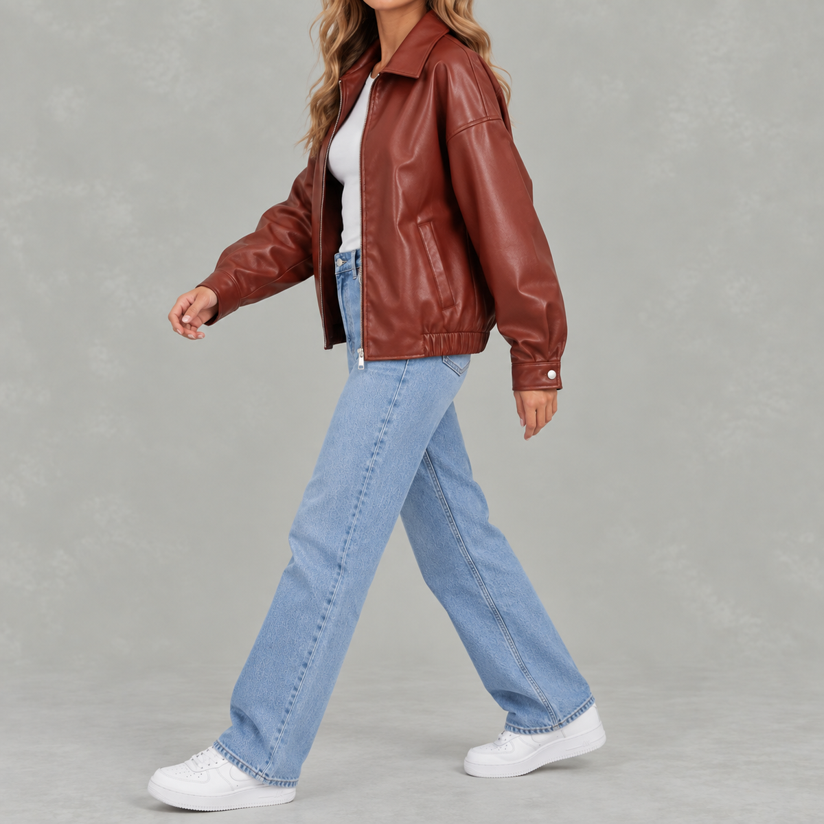 Women’s Leather Jacket – Retro Biker Lapel Jacket with Zip Fastening