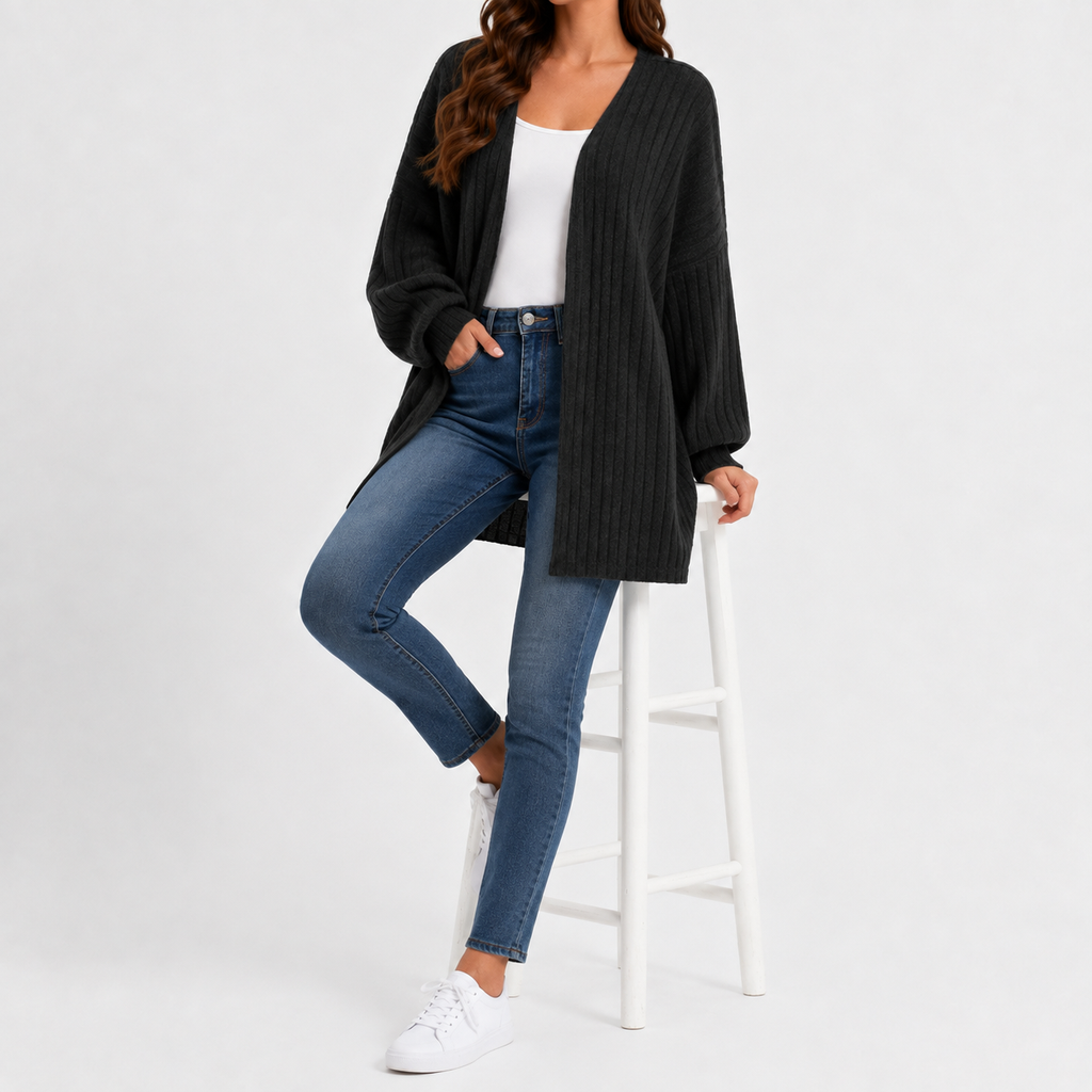 Women’s Cardigan – Long Sleeve Loose Fit Knitted Open Front Jumper