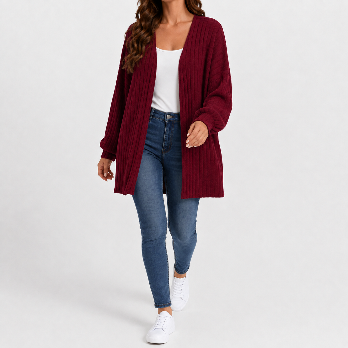 Women’s Cardigan – Long Sleeve Loose Fit Knitted Open Front Jumper