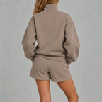 Women’s Quarter Zip Sweatshirt – Sporty Long Sleeve Top and Shorts Two-Piece Set