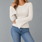 Women’s Ribbed Top – Brushed Crew Neck Long Sleeve Fitted Jumper