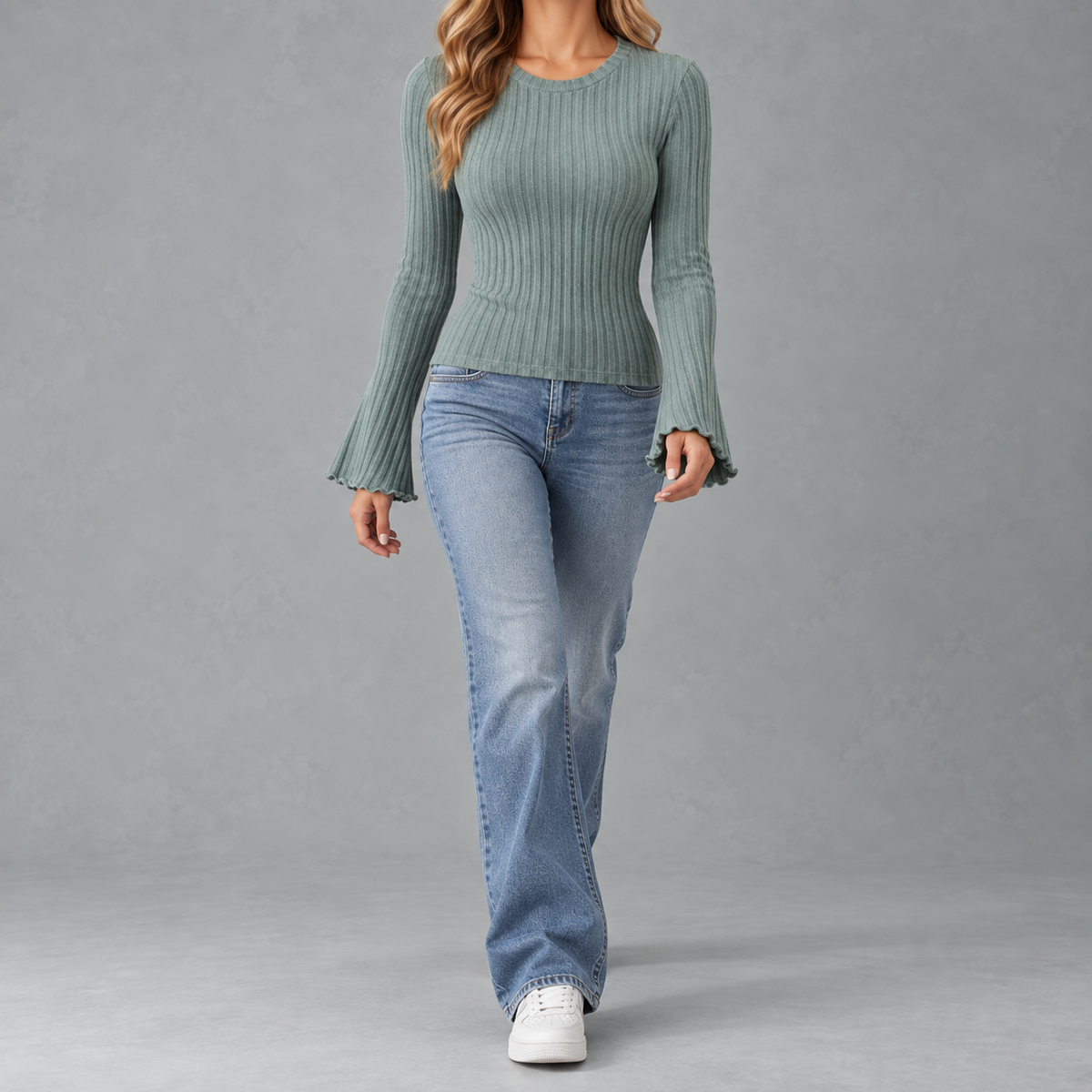 Women’s Ribbed Top – Brushed Crew Neck Long Sleeve Fitted Jumper