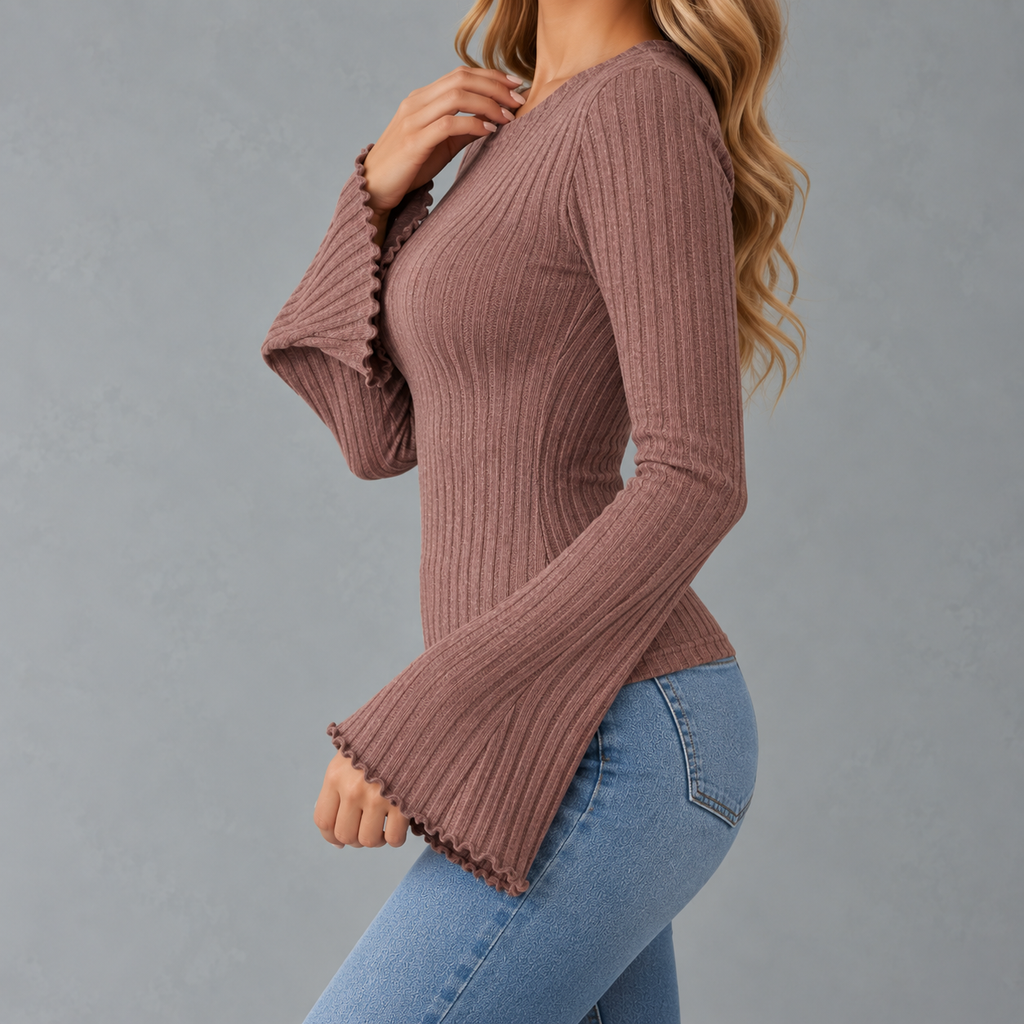 Women’s Ribbed Top – Brushed Crew Neck Long Sleeve Fitted Jumper