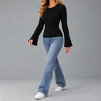 Women’s Ribbed Top – Brushed Crew Neck Long Sleeve Fitted Jumper