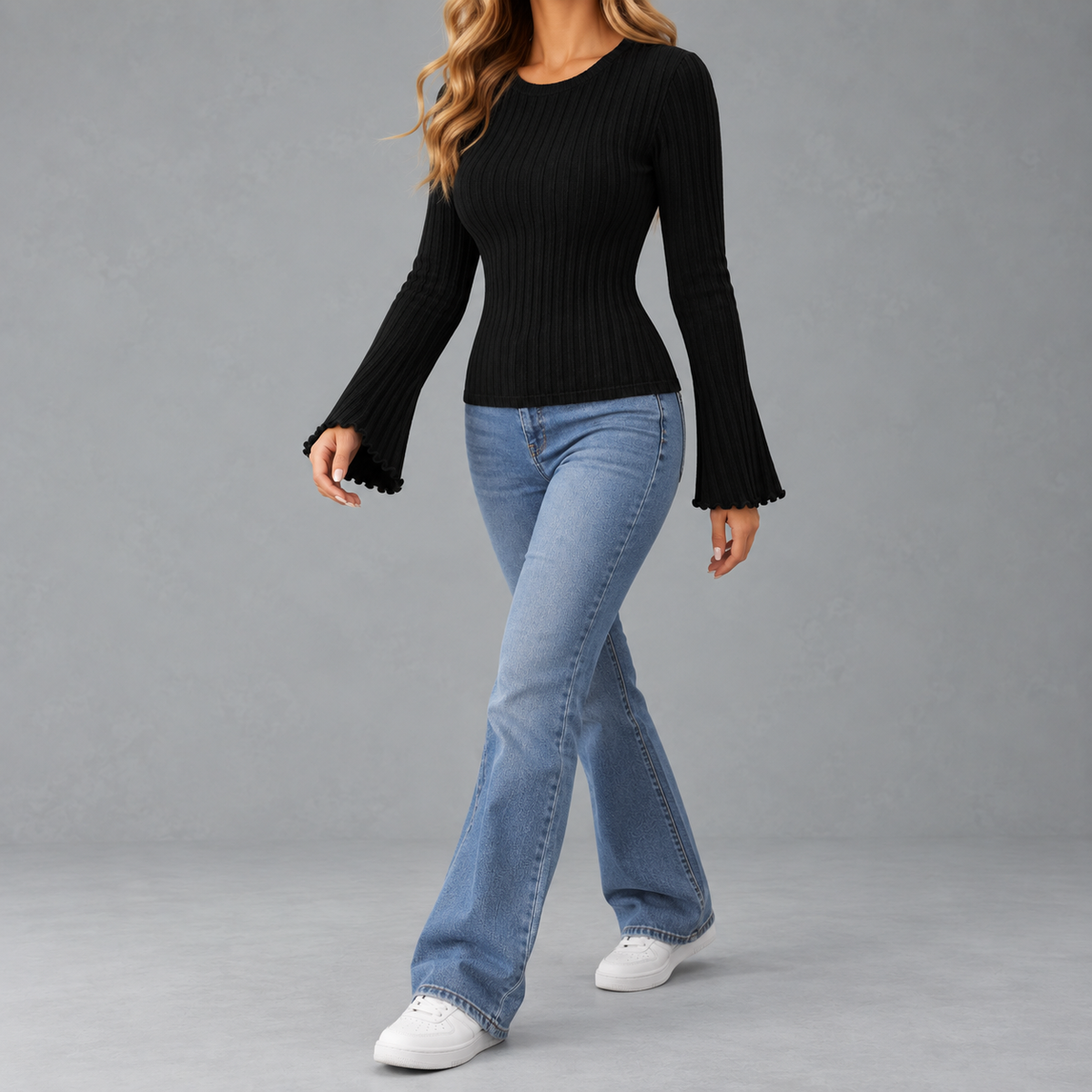Women’s Ribbed Top – Brushed Crew Neck Long Sleeve Fitted Jumper