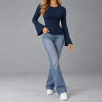 Women’s Ribbed Top – Brushed Crew Neck Long Sleeve Fitted Jumper