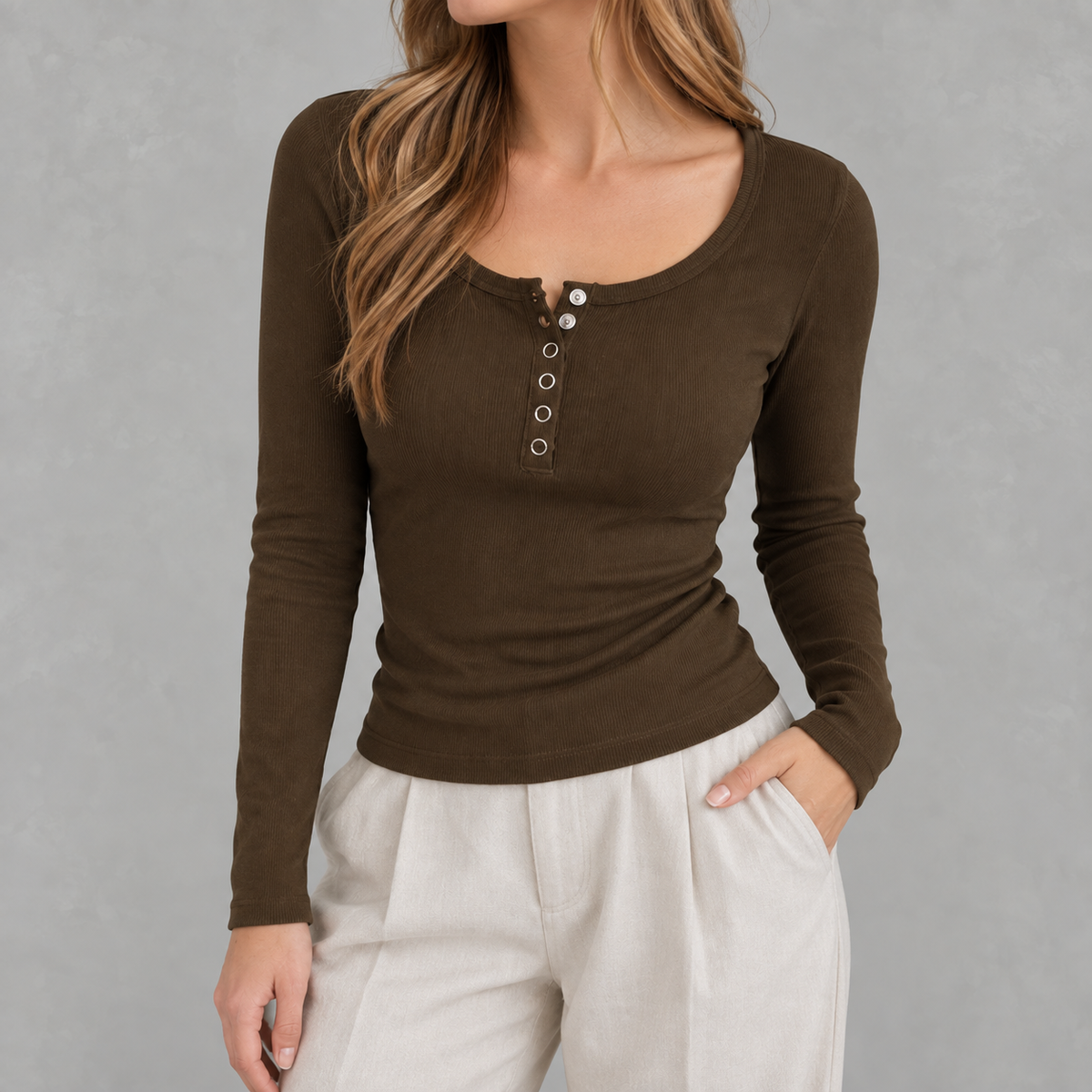 Women’s Ribbed Top – Long Sleeve Round Neck Henley Shirt with Button Placket