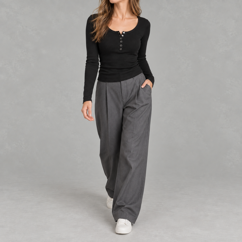 Women’s Ribbed Top – Long Sleeve Round Neck Henley Shirt with Button Placket