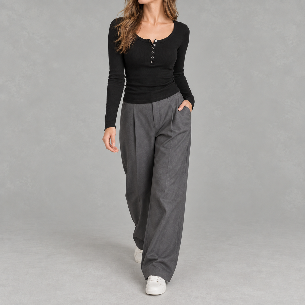 Women’s Ribbed Top – Long Sleeve Round Neck Henley Shirt with Button Placket
