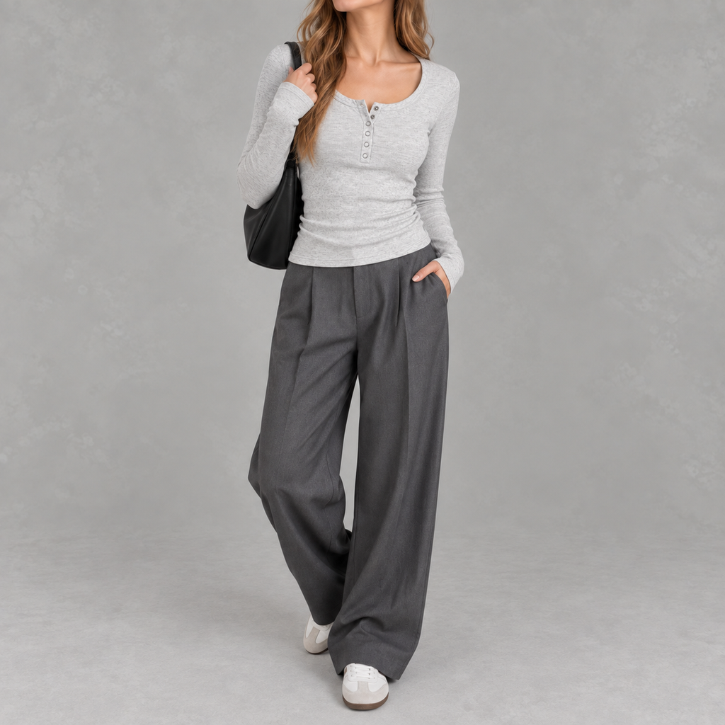 Women’s Ribbed Top – Long Sleeve Round Neck Henley Shirt with Button Placket