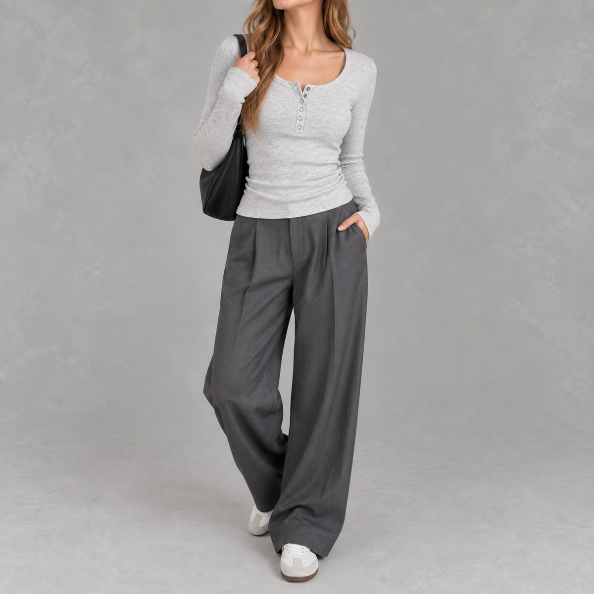 Women’s Ribbed Top – Long Sleeve Round Neck Henley Shirt with Button Placket