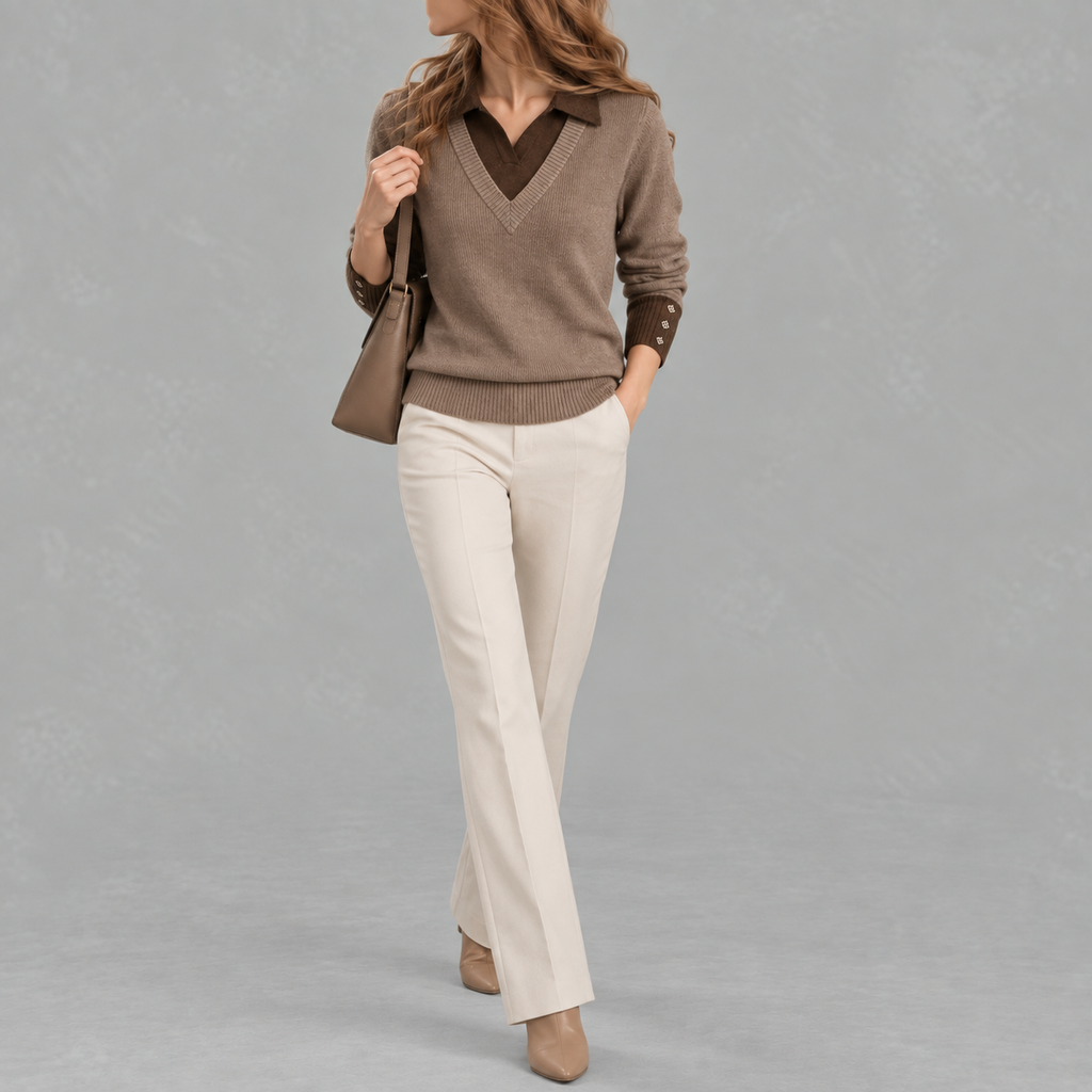 Women’s Shirt – Long Sleeve Knitted Jumper Polo Style Layering Top