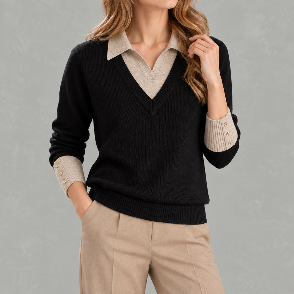 Women’s Shirt – Long Sleeve Knitted Jumper Polo Style Layering Top