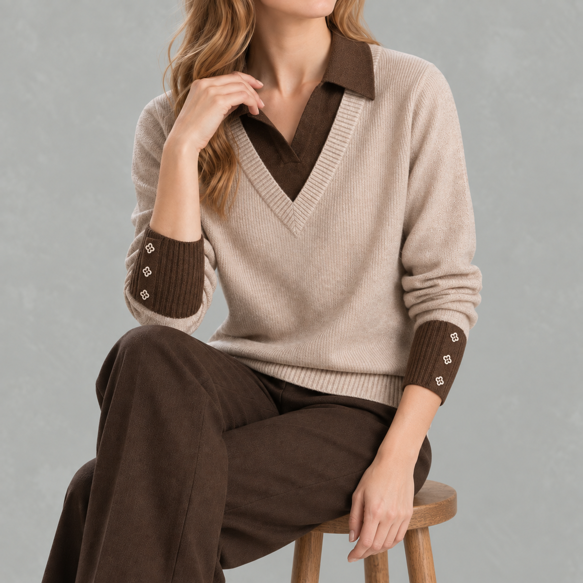 Women’s Shirt – Long Sleeve Knitted Jumper Polo Style Layering Top