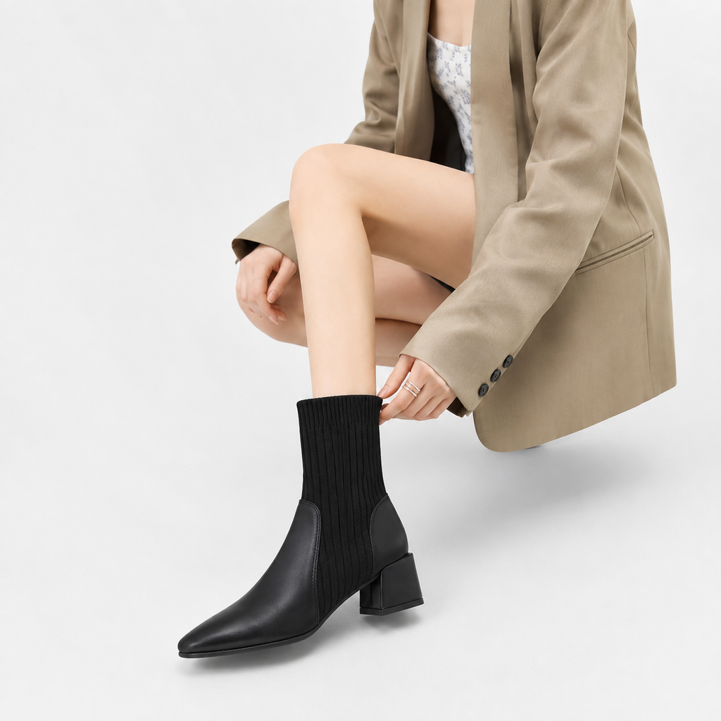 Women’s Chelsea Boots – Square Toe Chunky Heel Sock Ankle Boots