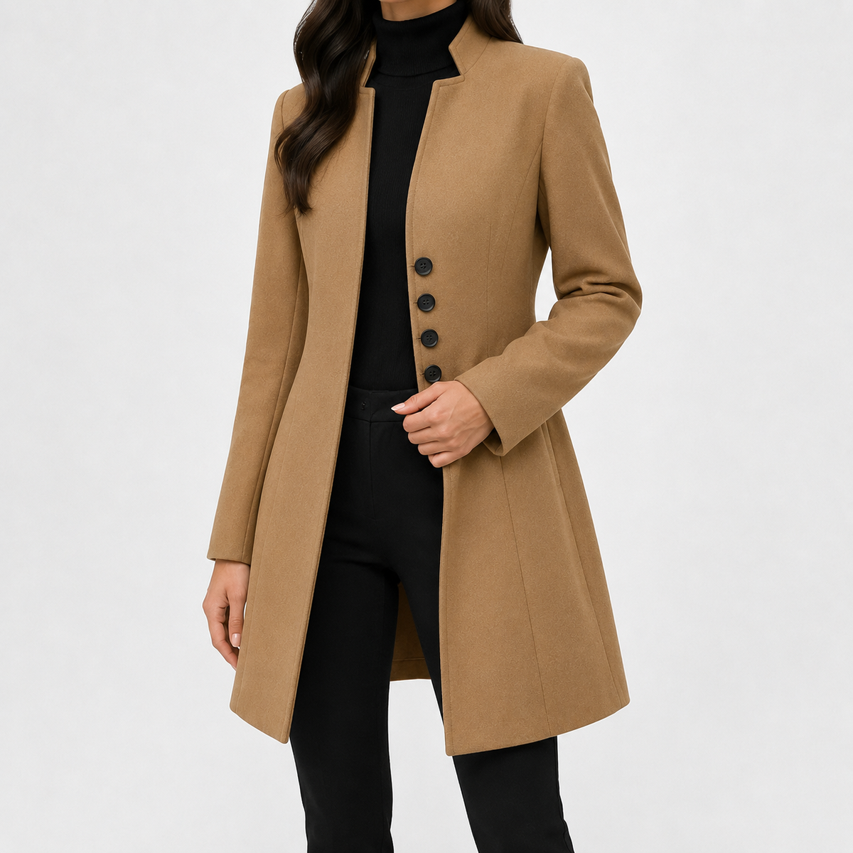 Women’s Trench Coat – Mid-Length Stand Collar Wool-Style Tailored Coat