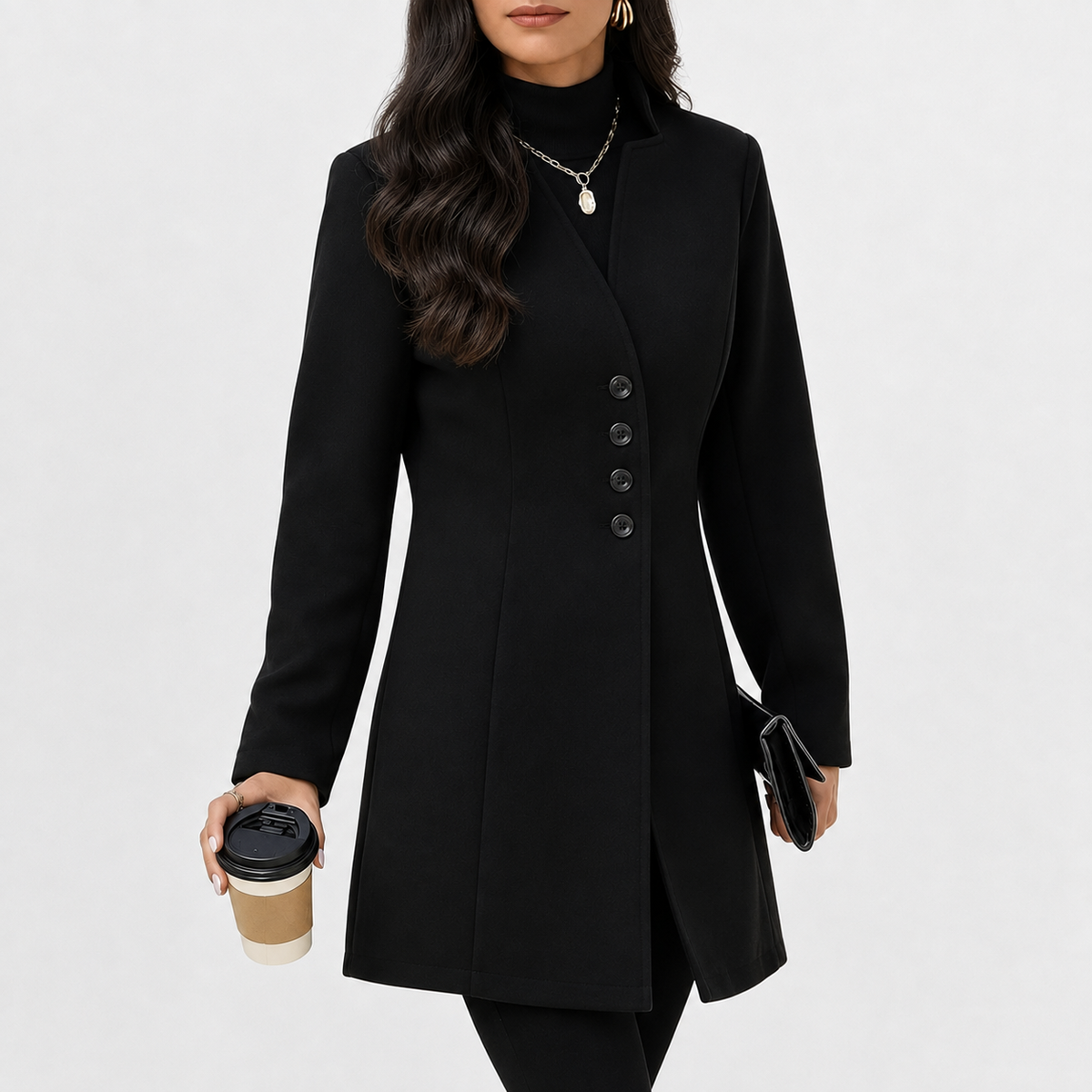 Women’s Trench Coat – Mid-Length Stand Collar Wool-Style Tailored Coat