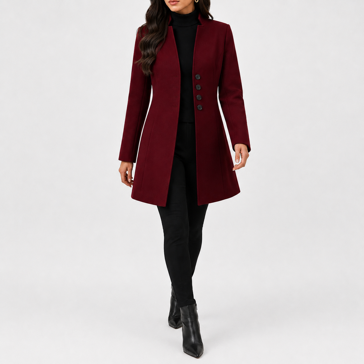 Women’s Trench Coat – Mid-Length Stand Collar Wool-Style Tailored Coat